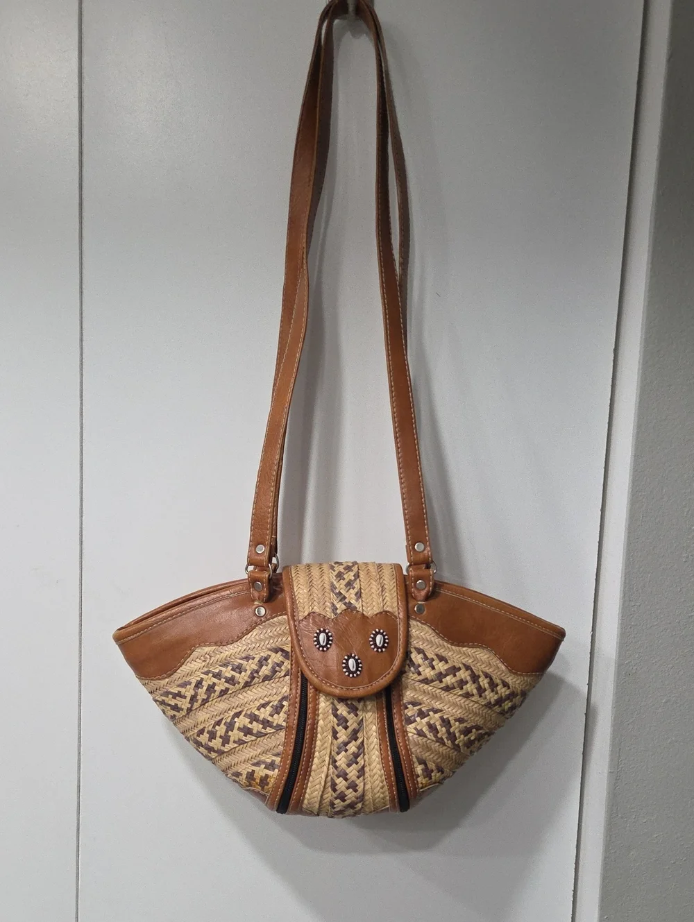 Woven Straw and Brown Leather Shoulder Bag